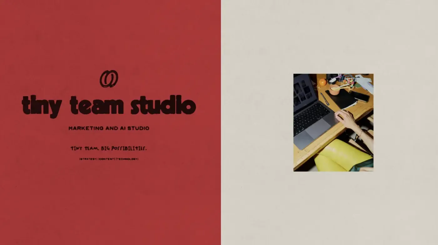 A red panel carrying the wordmark and descriptor beside a cream panel holding one small photograph